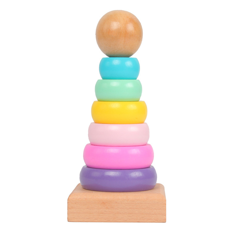 Wooden Blocks Stacking - ของเล่นไม้รูปหอคอยสายรุ้งสำหรับเด็กวงแหวนปริศนาเพื่อการศึกษาปฐมวัย