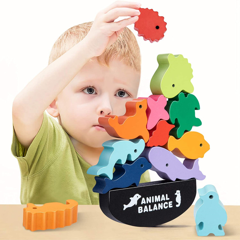 Wooden Blocks Stacking - มอนเตสซอรี่ของเล่นไม้เสริมความสมดุลของตุ๊กตาไดโนเสาร์เกมกระดานเพื่อการศึกษาตัวต่อของเล่นไม้