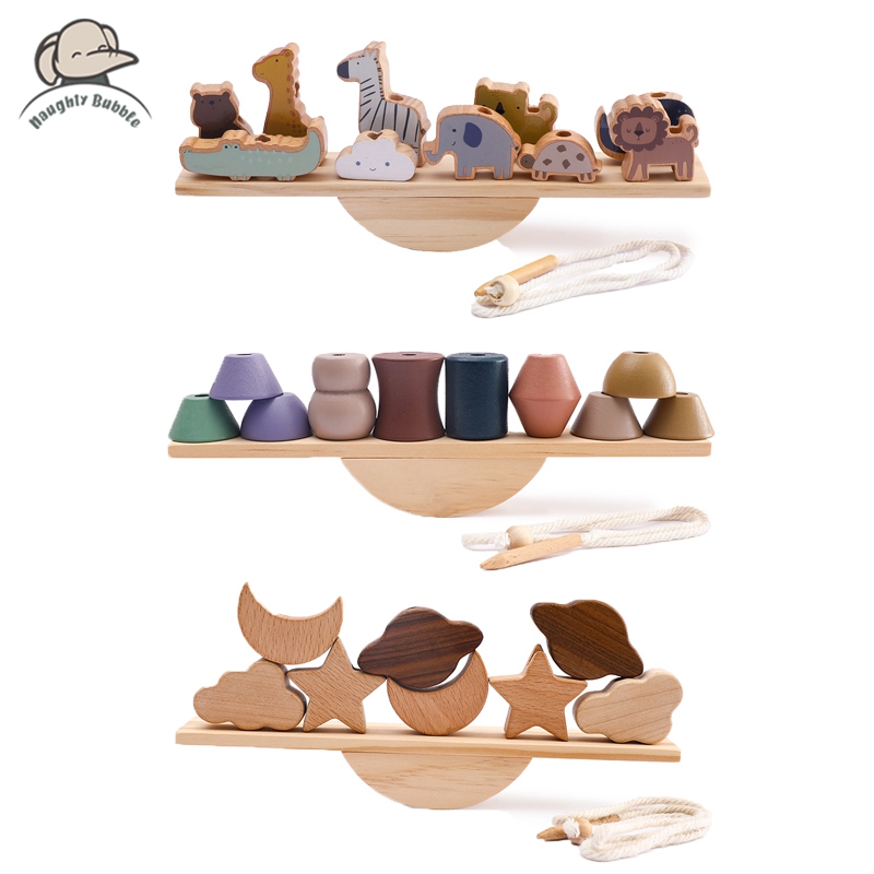 Wooden Blocks Stacking - เด็กสัตว์ Threading ของเล่นไม้ Seesaw ของเล่นบล็อกเกมกระดาน Montessori