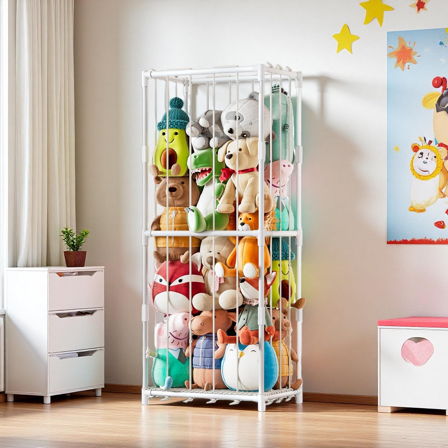Kids Toys Kids Toys - ที่เก็บของแนวตั้งสำหรับตุ๊กตาสัตว์ ชั้นวางของเล่นตุ๊กตาธีมสวนสัตว์ โครงเหล็กประหยัดพื้นที่พร้อมตาข่ายยืดหยุ่น ชั้นวางมุมแบบตั้งอิสระสำหรับจัดเก็บของในห้องเด็กเล่น ห้องนอนเด็ก ห้องเด็กอ่อน